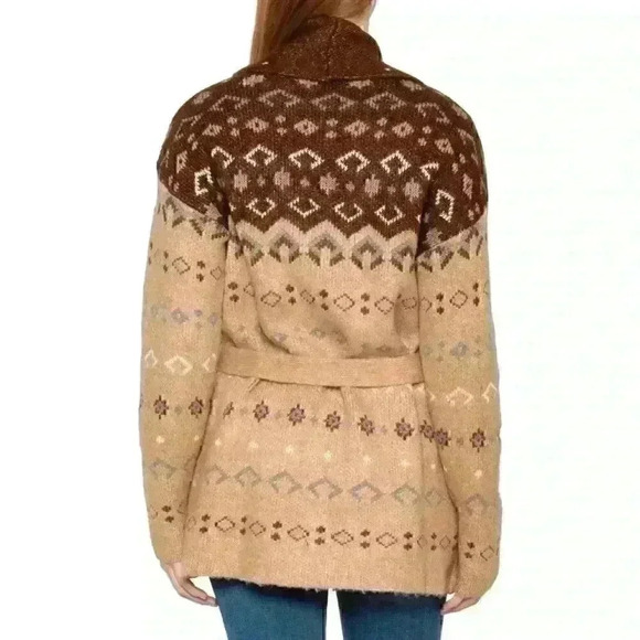 NWT Lucky Brand Fair Isle Cardigan Sweater in Brown/Tan Sz S *no belt - Picture 2 of 8